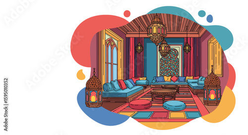 Colorful interior with cushions and lanterns for cultural design