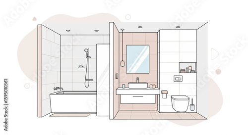 Modern bathroom with bathtub, sink, mirror, and toilet