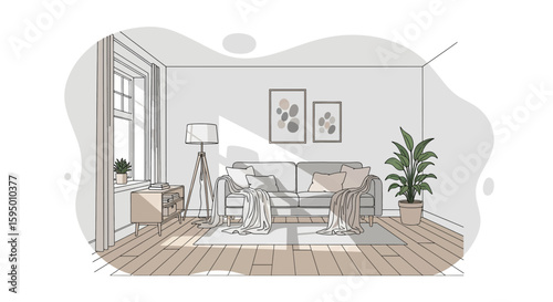 Living room interior with sofa plant and artwork in neutral tones