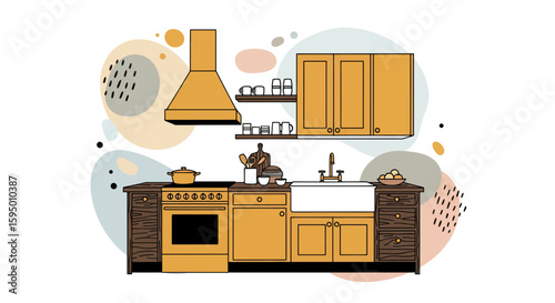 Kitchen with stove cabinets and wall shelves for home decor