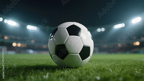 Soccer ball on a vibrant stadium field under bright lights