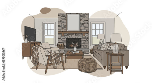 Living room with stone fireplace and modern furniture arrangement