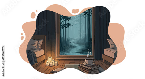 cozy room with view of forest and candles