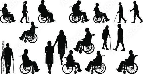 Silhouette of diverse mobility group, disabled and able-bodied figures, inclusion theme, vector flat design, wheelchair, walking aid, black illustration