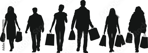 Silhouettes of diverse shoppers walking with shopping bags, retail consumers vector illustration, black and white style, marketplace crowd