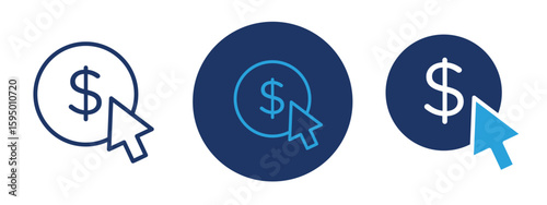 set of pixel perfect colored PPC icon , 1 Silhouette, 1 Unexpanded, Icon representing Pay Per Click digital advertising model with mouse click and coin.