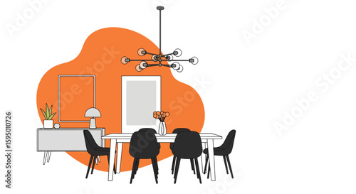 Dining room scene with table chairs and pendant lighting