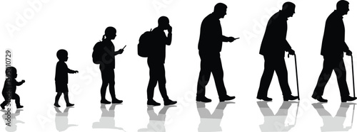 Silhouettes of human life stages from baby to elderly, black vector illustration showing age progression, timeline concept artwork