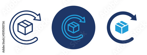 set of pixel perfect colored Product return icon , 1 Silhouette, 1 Unexpanded, Arrow rotating around a box symbolizing returned goods or refund process.