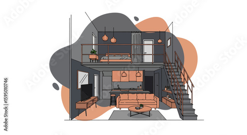 Modern living room with second floor bedroom and staircase