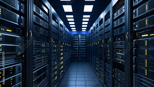 Server racks in dark blue computer network data center room created with generative AI
