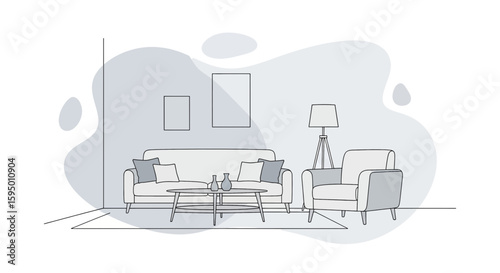 Living room furniture with cushions and floor lamp