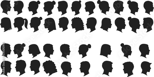 Silhouettes of 36 diverse human profile heads with unique hairstyles, black vector illustration collection showcasing individuality and design variety