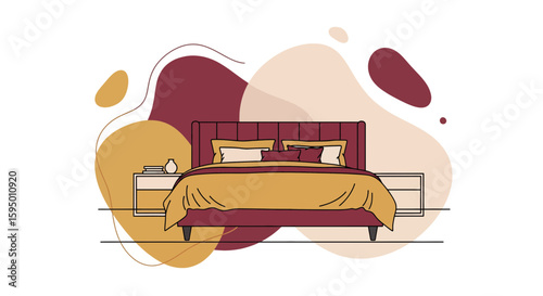 Bedroom with bed and pillows in abstract style