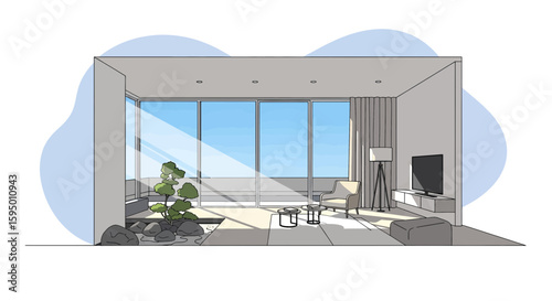 Modern living room with large glass windows and minimal furniture