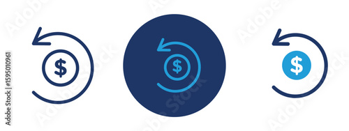 set of pixel perfect colored Refund icon , 1 Silhouette, 1 Unexpanded, Dollar sign with arrow icon representing refund process or money return.
