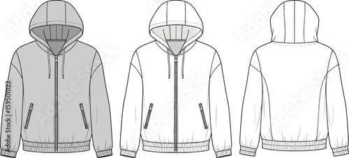Stylish hoodie jacket design, front and back view sketch, fashion illustration, detailed outerwear concept, trendy clothing template, apparel reference