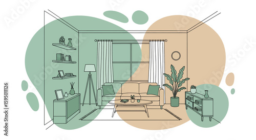 Living room interior with sofa, plants and books