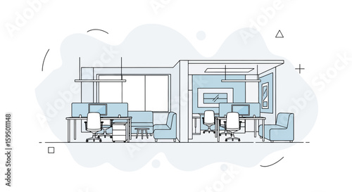 office workspace with desks chairs and seating areas for work environment