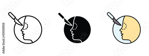 set of pixel perfect colored Rhinoplasty icon , 1 Silhouette, 1 Unexpanded, Nose with dashed lines icon representing cosmetic nose surgery.