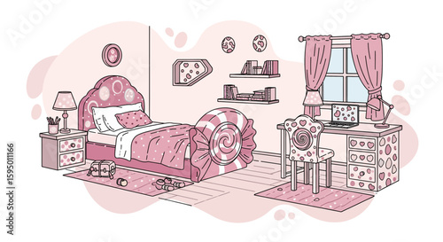 Pink bedroom decorated with furniture and accessories