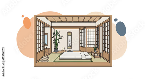 Japanese-style bedroom interior with sliding doors and tatami mats