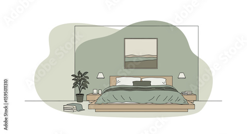 Bedroom interior with bed and wall art in muted colors