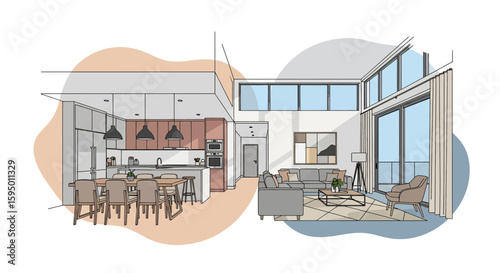 Modern open-plan living space with kitchen and sitting area