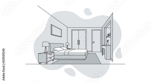 Bedroom interior with bed nightstands and built-in closet