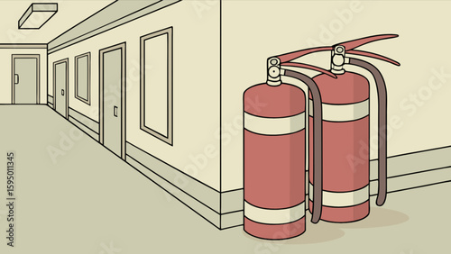 Fire safety equipment in hospital hallway with extinguishers and doors for emergency preparedness plan