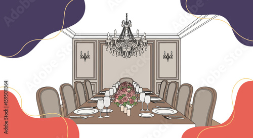 Elegant dining room with chandelier and floral centerpiece