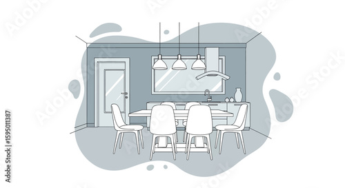 Modern dining room with table chairs and kitchen background