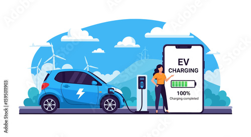 Adobe illustrator vector flat style illustration of a woman charging her electric car, with a smartphone showing indicator and wind turbines in the background. Ideal for green energy and smart EV