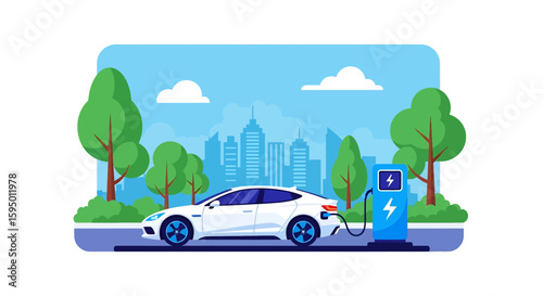 Adobe illustrator vector flat style illustration of an electric car charging at a station with a city skyline and trees. Concept for eco-friendly urban transportation