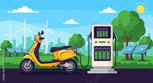 Adobe illustrator vector flat style illustration of an electric scooter charging at a station powered by solar panels and wind turbines. Concept of green and sustainable mobility