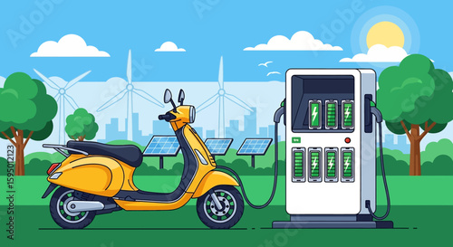 Adobe illustrator vector flat style illustration of an electric scooter charging at a station powered by solar panels and wind turbines. Concept of green and sustainable mobility