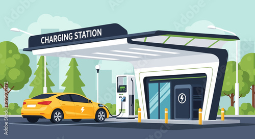 Adobe illustrator vector flat style illustration of an electric car charging at a public charging station. Concept for electric vehicles and sustainable transportation