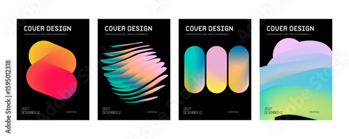 Posters with gradient minimalistic basic figures, extraordinary graphic assets of geometrical shape. Modern minimal colorful print brutalist.