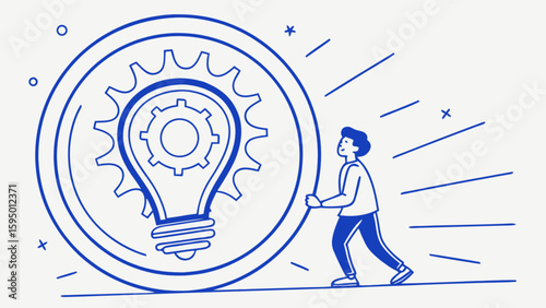Illustration of innovation idea lightbulb with gears being pushed forward by a person for creative thinking
