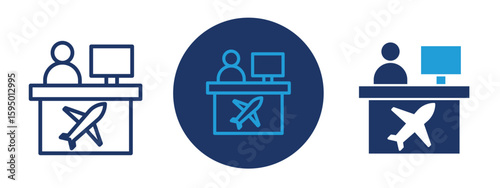 set of pixel perfect colored Travel agent icon , 1 Silhouette, 1 Unexpanded, A person with globe and tickets symbolizing travel booking services.