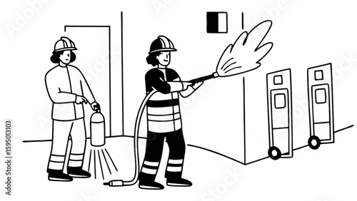Firefighters in action extinguishing fire with hose and lantern vector line art illustration design concept