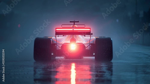 Rear view of a formula one car with its tail light on a wet track on a rainy day at dusk or dawn