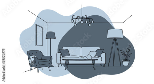 living room interior with sofa armchair and lighting fixtures