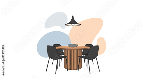 modern dining room with round wooden table and black chairs