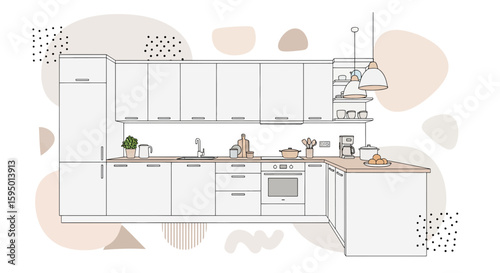 Kitchen interior with cabinets, appliances, and decor elements