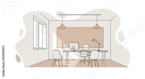 Minimalist office workspace with desk chairs and lighting