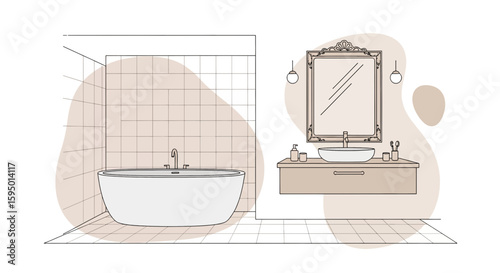 Modern bathroom with bathtub and vanity mirror
