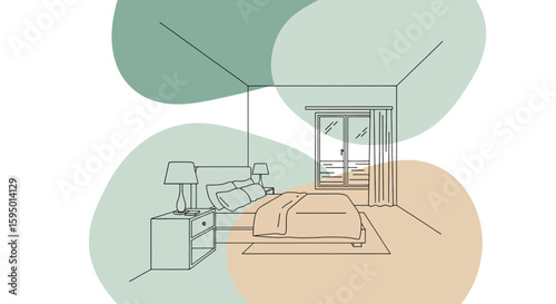 Bedroom with bed nightstand lamp and window in a minimalist style