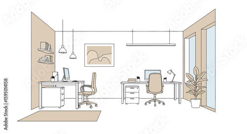 Modern home office interior with desks chairs and decor