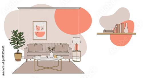 Living room interior with sofa table lamp and artwork